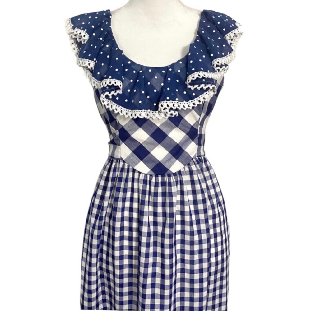 Vintage 70s Blue Gingham Maxi Dress White Checkered Prairie Dress Plaid Long - Picture 6 of 14